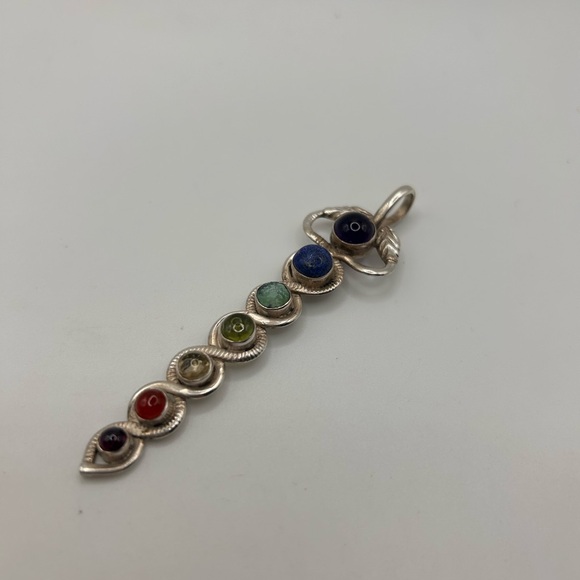 Jewelry - Multi-Gemstones Sterling Silver 925 Long Pendant Turquoise, Amethyst, Lapis...